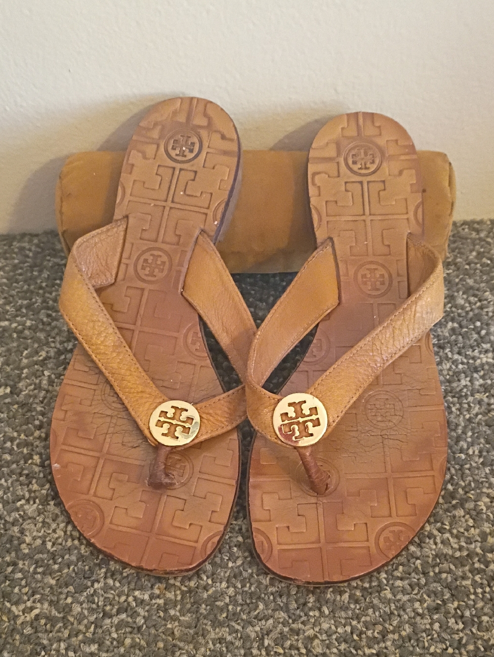 Tory Burch Tan Leather Logo Thong Sandals with Gold Medallions